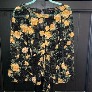 Almost Famous Sheer Polka Dot Shirt with Yellow Roses Size Large